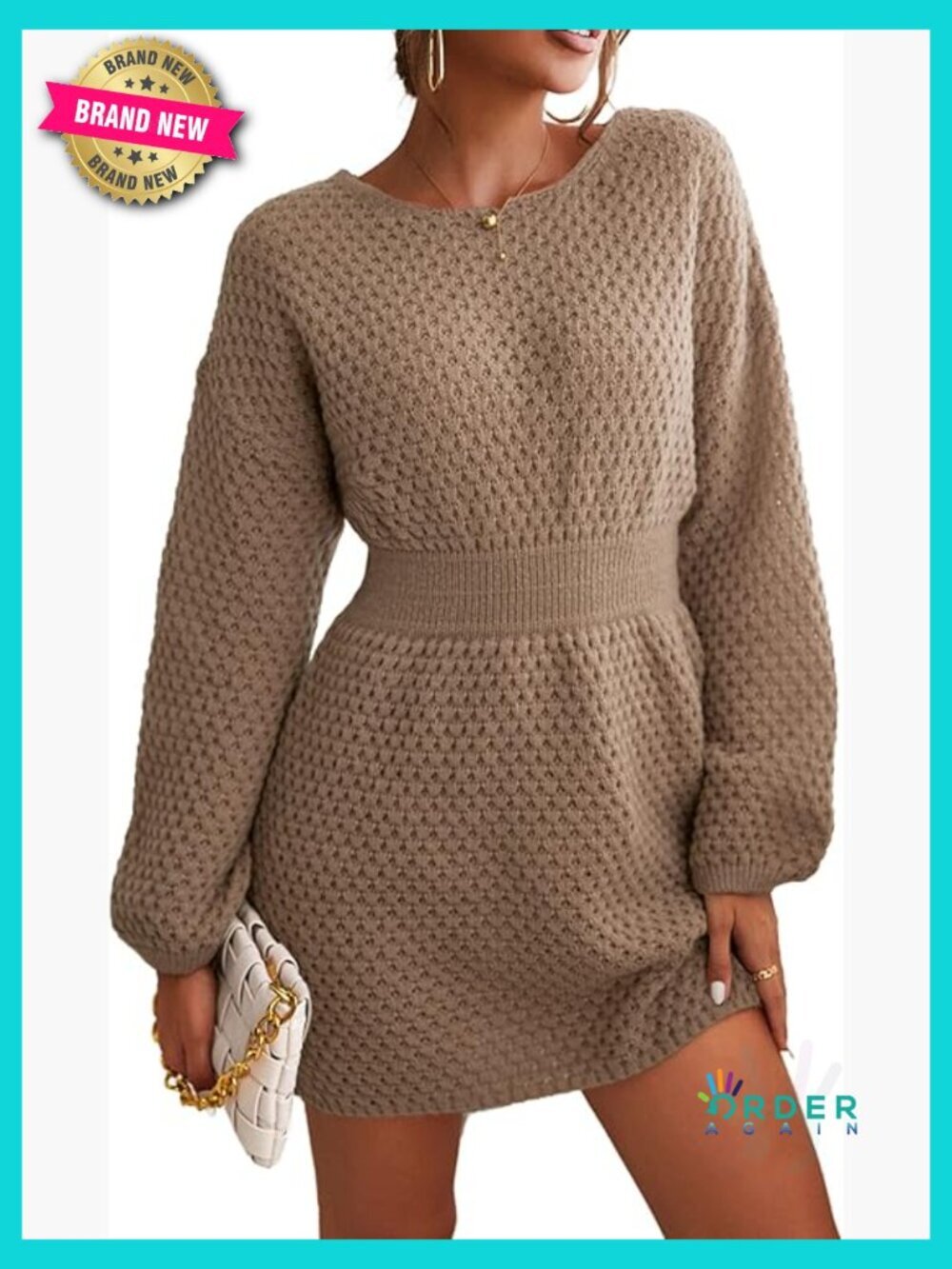 Womens Knit Pullover Sweater Dress Long Sleeve Banded Waist Mini Fall Winter
